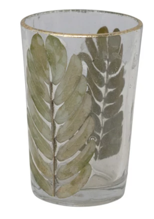 Tall Hand-Blown Glass Votive Holder w/ Embedded Tamarind Leaves & Gold Foil Edge