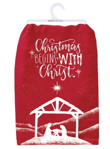Red Christmas Begins With Christ Tea Towel