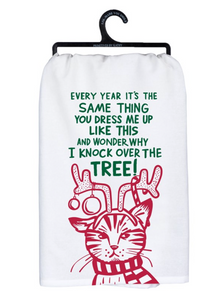 Cat "Why I Knock Over The Tree" Tea Towel