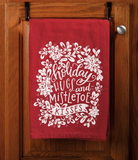 Red Holiday Hugs And Mistletoe Kisses Tea Towel