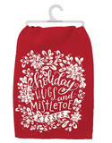 Red Holiday Hugs And Mistletoe Kisses Tea Towel