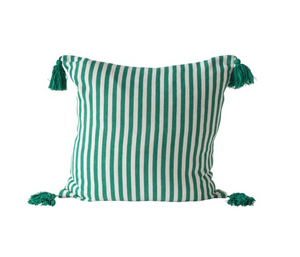 Square Green Striped Pillow w/ Tassels