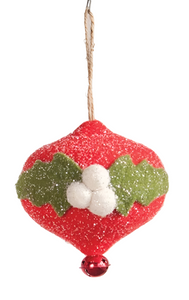 Felt Finial Ornament w/ Holly & Bell
