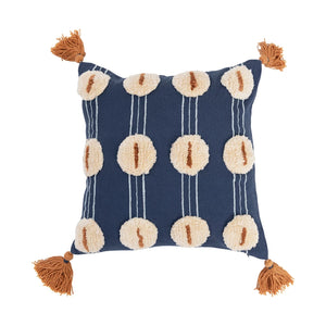 Navy Tufted & Embroidered Pillow w/ Orange Tassels