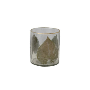 Small Hand-Blown Glass Votive Holder w/ Embedded Leaves & Gold Foil Edge