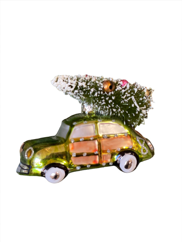 Hand-Painted Glass Car w/ Tree Ornament