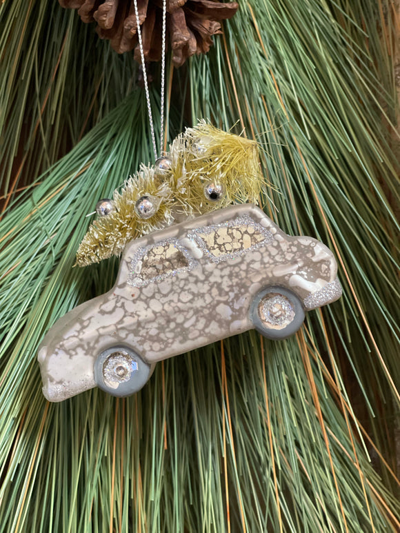 Silver Glass Car w/ Tree Ornament