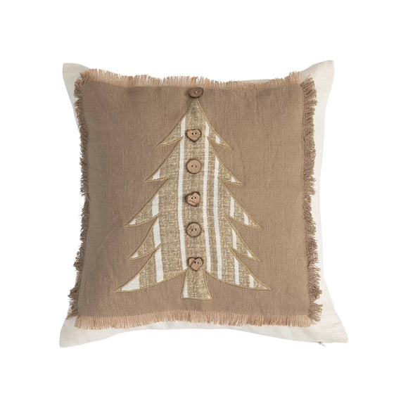 Jute & Cotton Pillow w/ Embroidered Tree