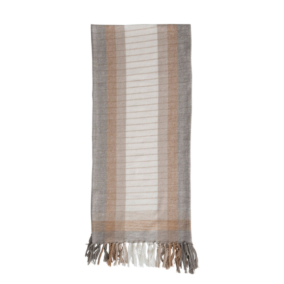 Neutral Striped Flannel Table Runner w/ Fringe