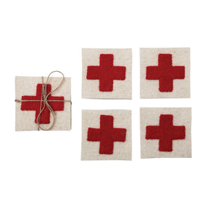 Felt Red & Cream Swiss Cross Coaster Set