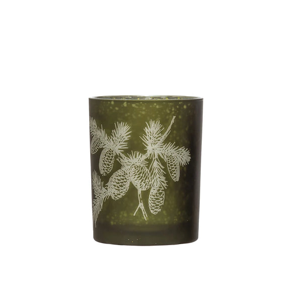 Green Mercury Glass Tealight Holder w/ Etched Pinecones